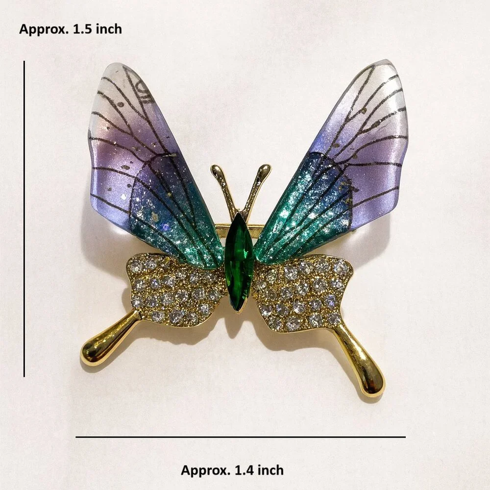 Gold-Tone Rhinestone Butterfly Brooch Pin, Acrylic Wings. Purple Butterfly New - Picture 3 of 3
